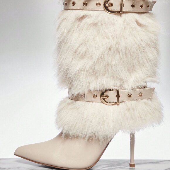 Beige Casual Women's Furry faux fur Pointed Stiletto Boots - Picture 6 of 7
